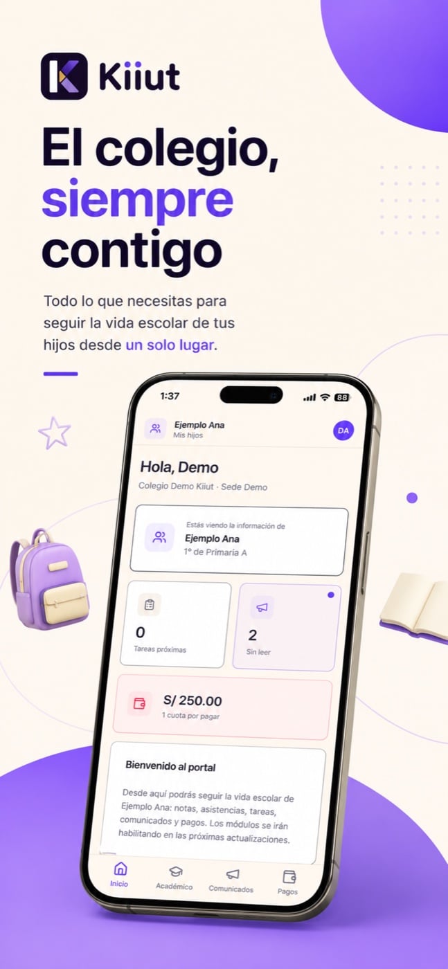 Pantalla de la app de Kiiut «El colegio, siempre contigo»: el inicio con el resumen de un hijo.