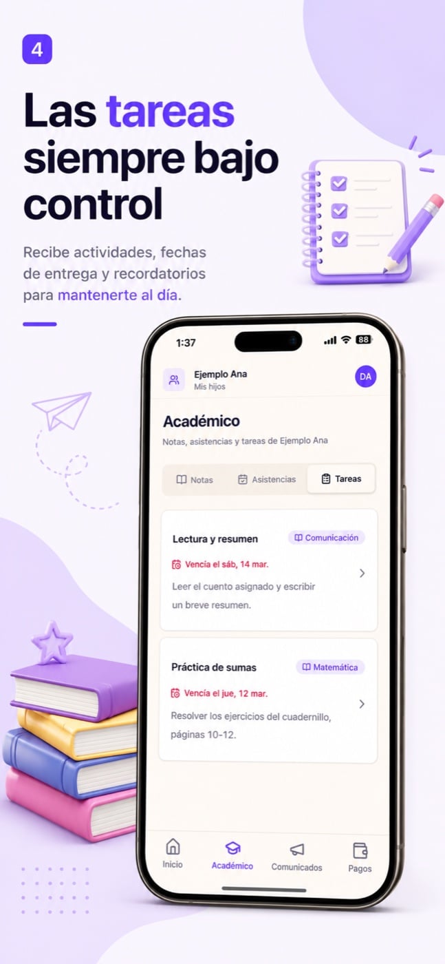 Pantalla de la app de Kiiut «Las tareas siempre bajo control»: tareas con su fecha de entrega.