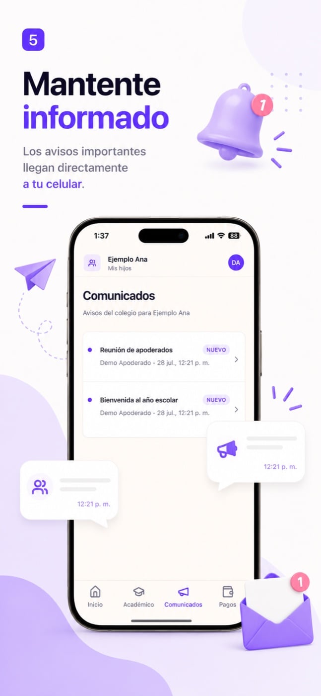 Pantalla de la app de Kiiut «Mantente informado»: comunicados del colegio.